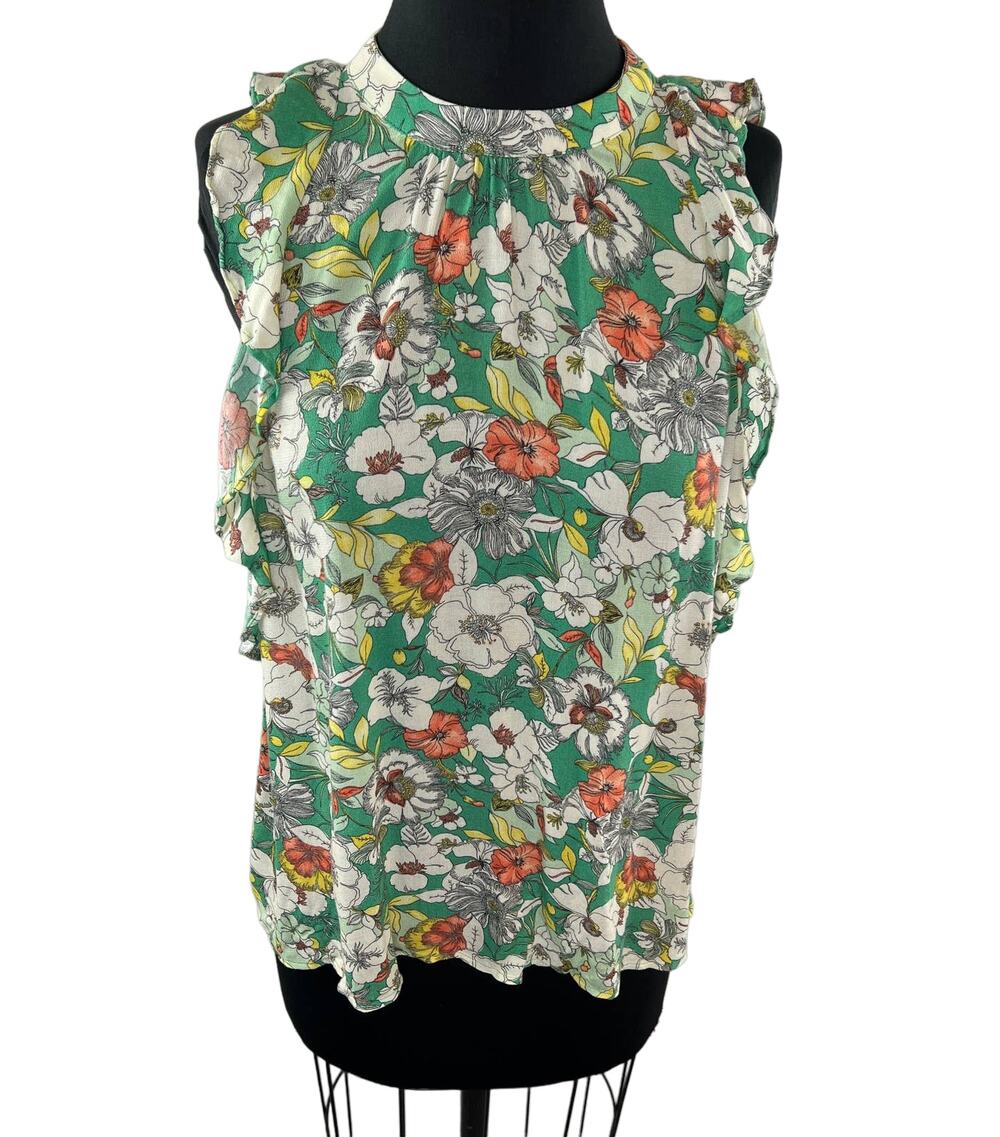 Anthropologie MAEVE Green Floral High Neck Gramercy Ruffled Sleeveless Top S